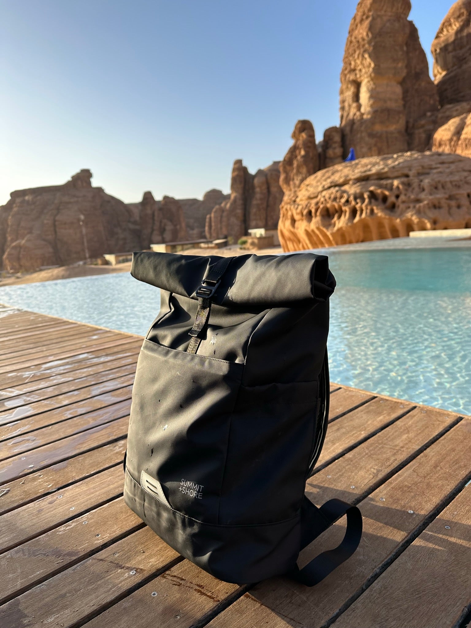 Summit+Shore The Daily 1.0 in a Rocky Desert by an Oasis Swimming Pool