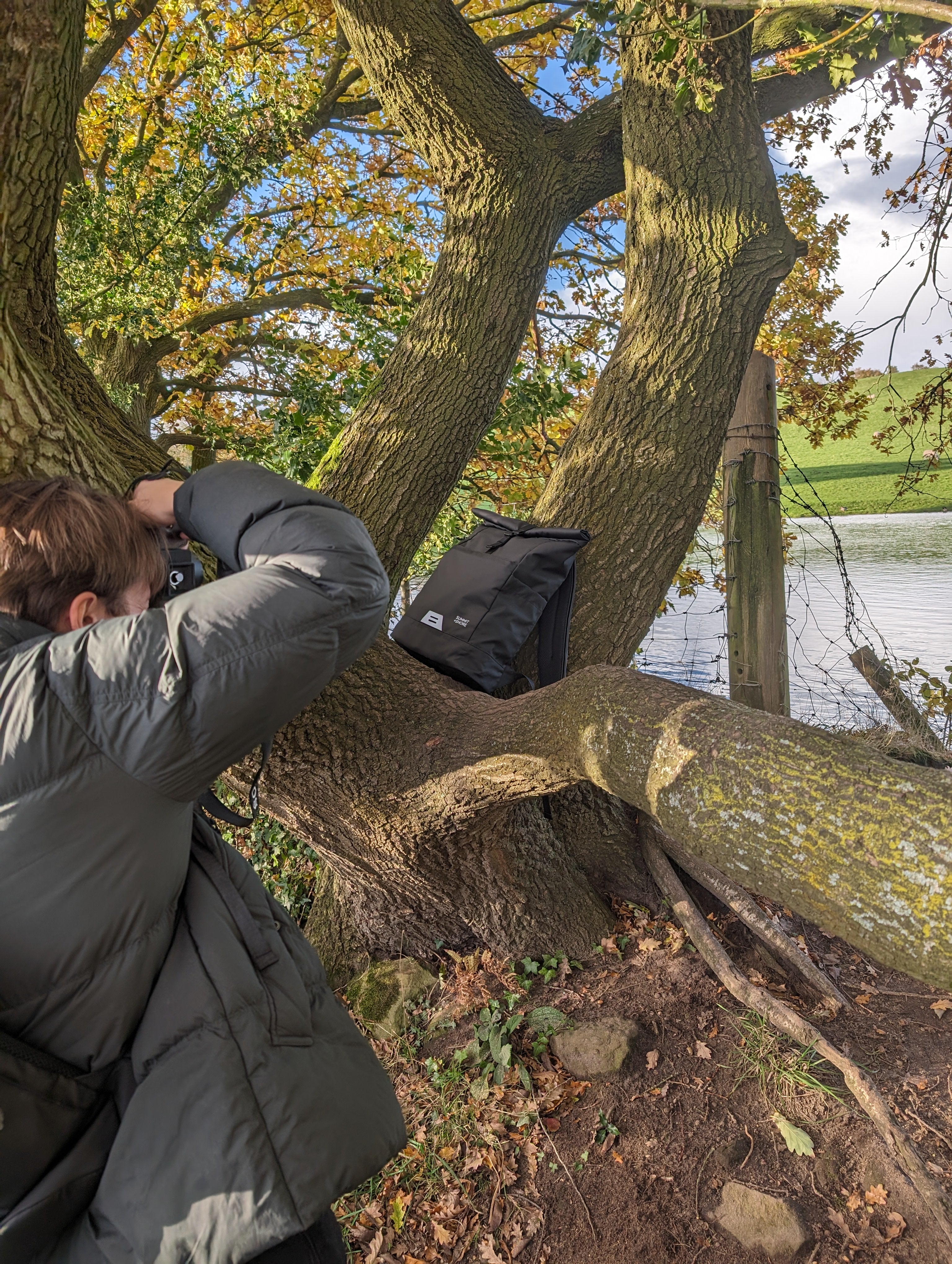 Summit+Shore The Daily 1.0 Backpack Photoshoot on a Tree with a Lake in the background